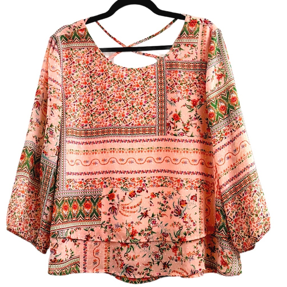 COLLECTIVE CONCEPTS - Floral Patchwork Blouse - Peach and Green